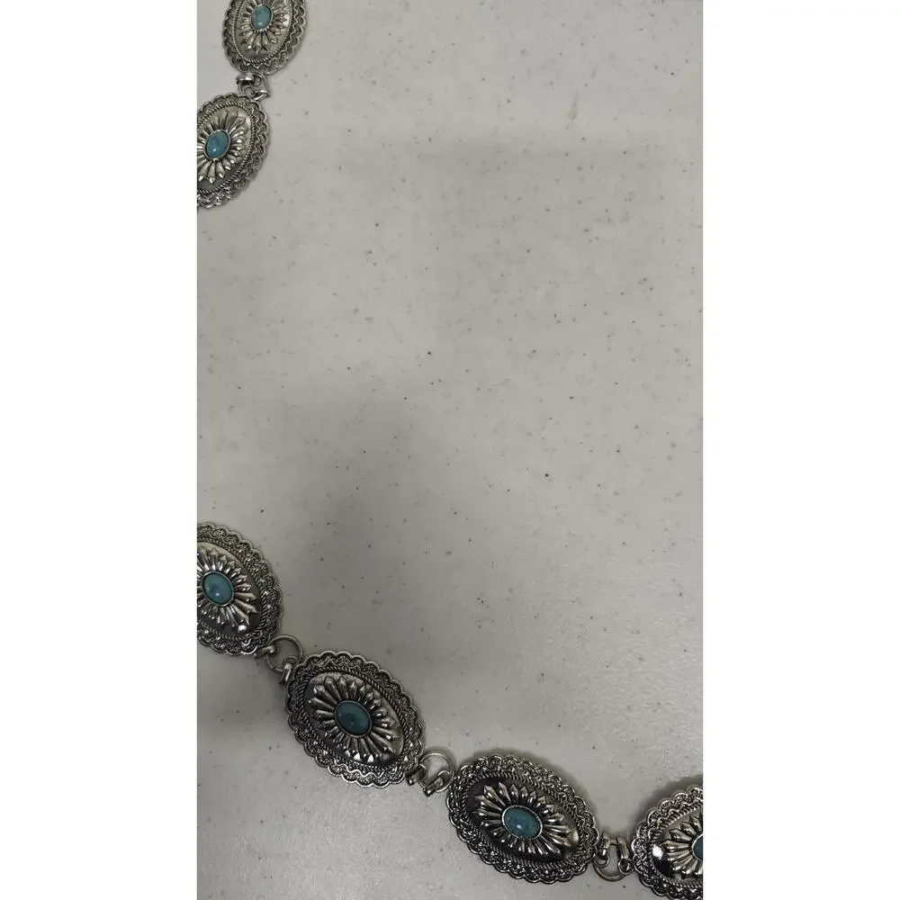 Beltiscool Women's Western Oval Turquoise Stone Concho Chain Belt